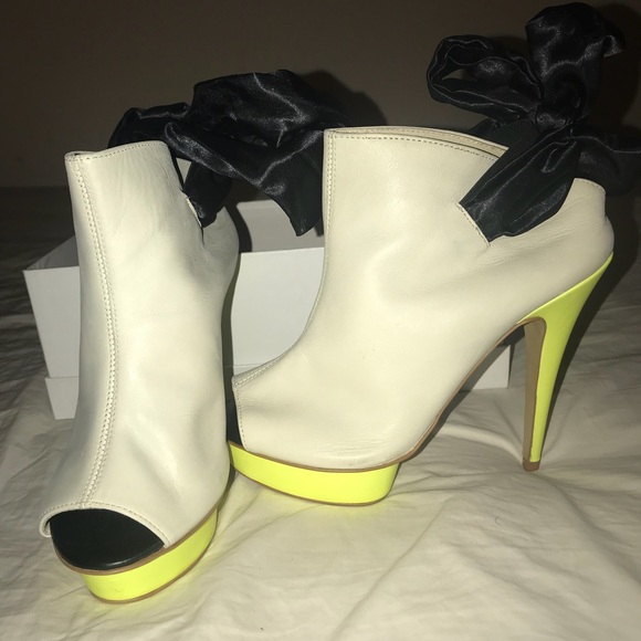 Neon Yellow Leather Peep Toe Bootie with Black Bow - Picture 3 of 8
